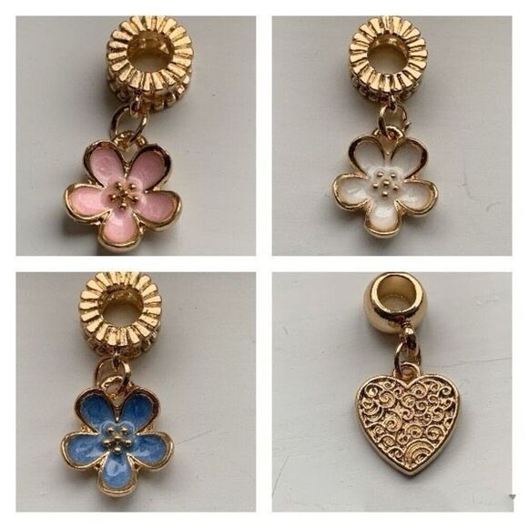 Set of 4 Dangle Charm Flowers & Heart for Necklace or Bracelet - New - Picture 1 of 9